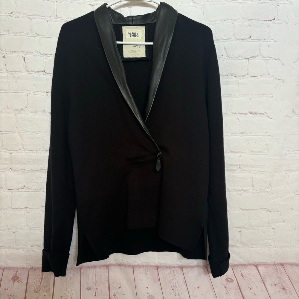 Annette Gortz black cardigan with genuine leather trim shawl collar Size Small